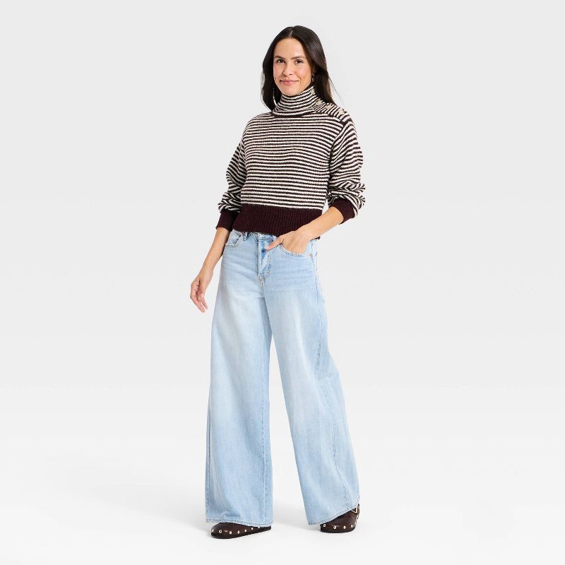 slide 3 of 3, Women's Long Sleeve Mock Turtleneck Button Pullover Sweater - Universal Thread™ Burgundy Striped XL, 1 ct