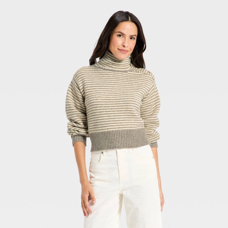 slide 1 of 3, Women's Long Sleeve Mock Turtleneck Button Pullover Sweater - Universal Thread™ Taupe Striped XS, 1 ct