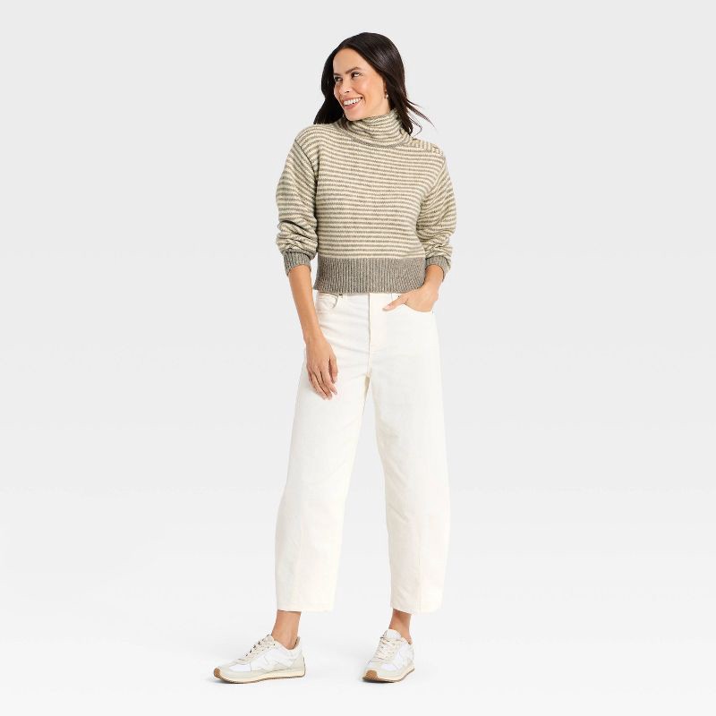 slide 3 of 3, Women's Long Sleeve Mock Turtleneck Button Pullover Sweater - Universal Thread™ Taupe Striped S, 1 ct