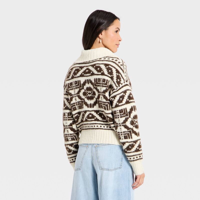 slide 3 of 3, Women's Fairisle Henley Shawl Sweater - Universal Thread™ Brown L, 1 ct