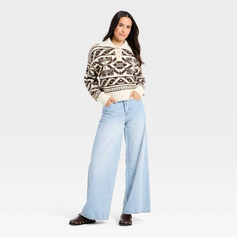 slide 2 of 3, Women's Fairisle Henley Shawl Sweater - Universal Thread™ Brown L, 1 ct