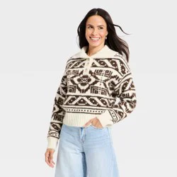 Women's Fairisle Henley Shawl Sweater - Universal Thread™ Brown L