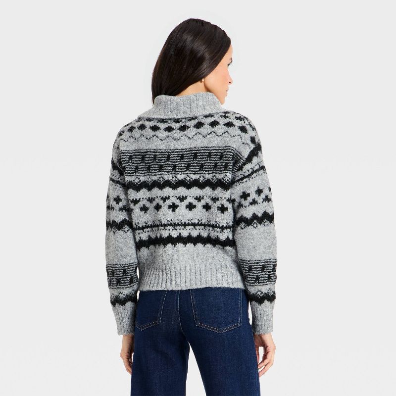 slide 3 of 3, Women's Fairisle Henley Shawl Sweater - Universal Thread™ Dark Gray XS, 1 ct