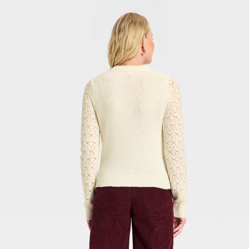 slide 2 of 3, Women's Long Sleeve Lace Crewneck Pullover Sweater - Universal Thread™ Cream M, 1 ct