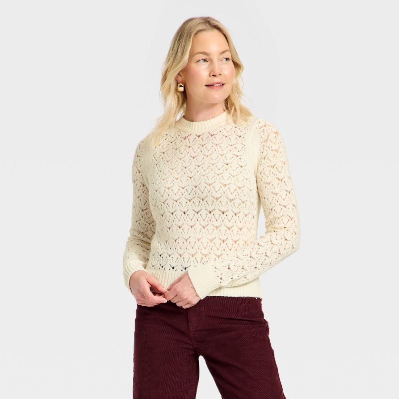 slide 1 of 3, Women's Long Sleeve Lace Crewneck Pullover Sweater - Universal Thread™ Cream L, 1 ct