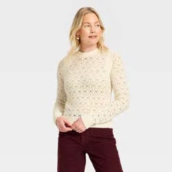 Women's Long Sleeve Lace Crewneck Pullover Sweater - Universal Thread™ Cream L