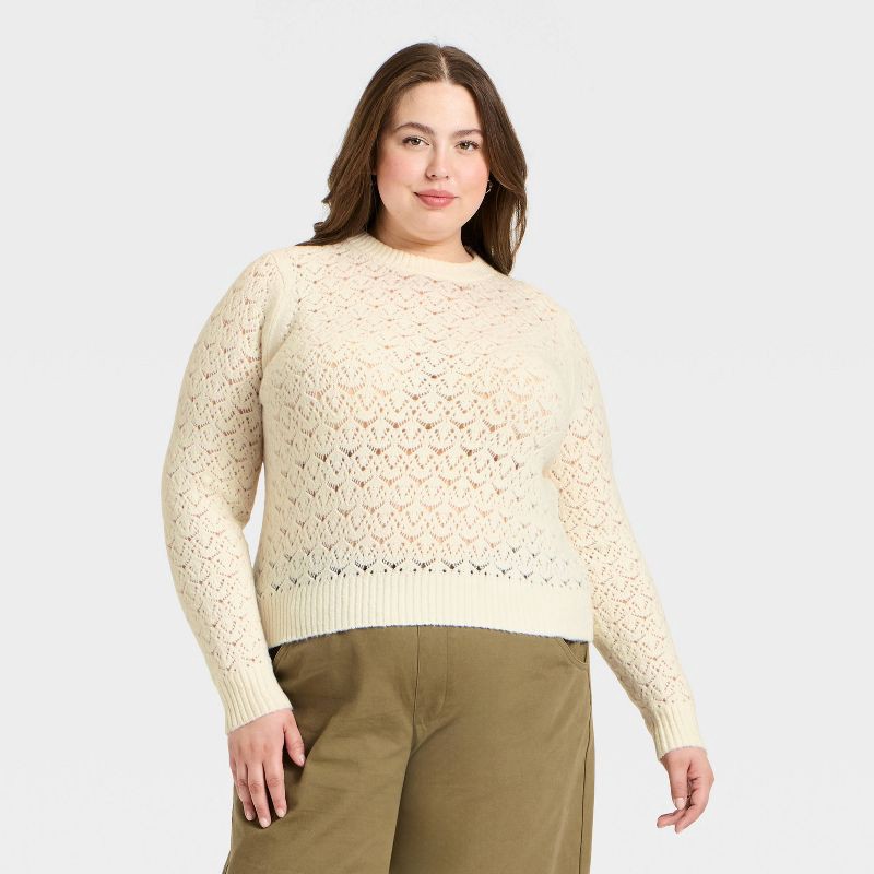 slide 1 of 3, Women's Long Sleeve Lace Crewneck Pullover Sweater - Universal Thread™ Cream XXL, 1 ct