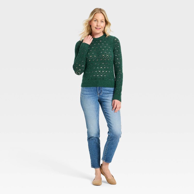 slide 3 of 3, Women's Long Sleeve Lace Crewneck Pullover Sweater - Universal Thread™ Dark Green M, 1 ct