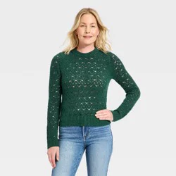 Women's Long Sleeve Lace Crewneck Pullover Sweater - Universal Thread™ Dark Green M