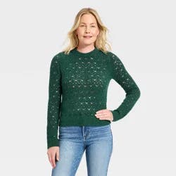 Women's Long Sleeve Lace Crewneck Pullover Sweater - Universal Thread™ Dark Green L