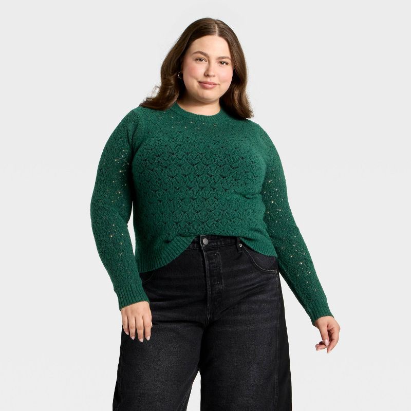 slide 1 of 3, Women's Long Sleeve Lace Crewneck Pullover Sweater - Universal Thread™ Dark Green XXL, 1 ct