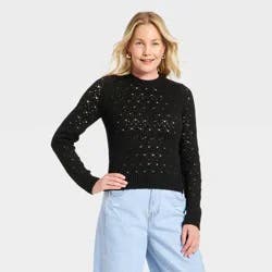 Women's Long Sleeve Lace Crewneck Pullover Sweater - Universal Thread™ Black XS
