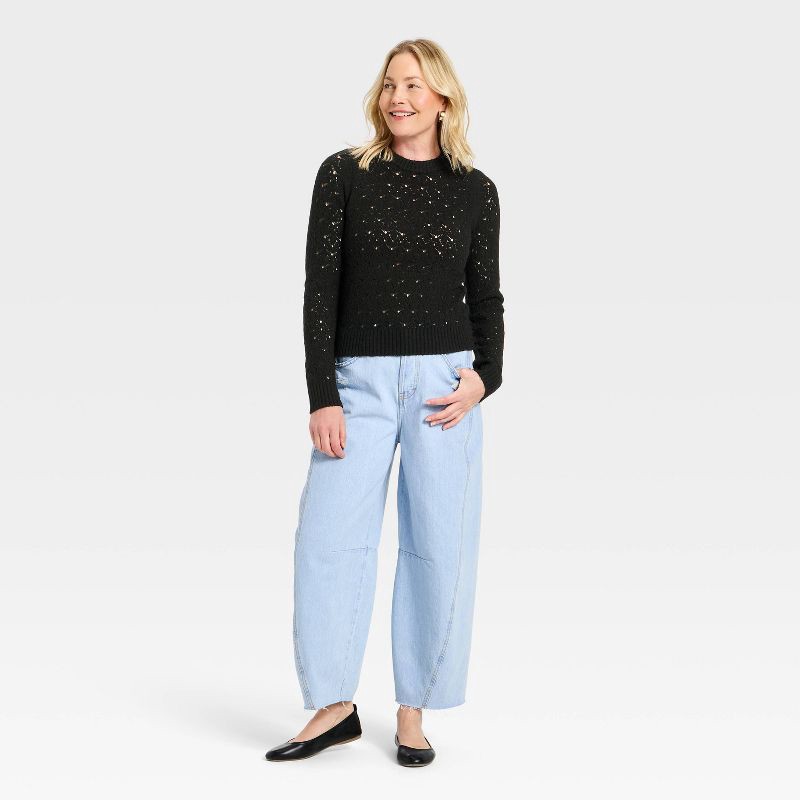 slide 3 of 3, Women's Long Sleeve Lace Crewneck Pullover Sweater - Universal Thread™ Black S, 1 ct