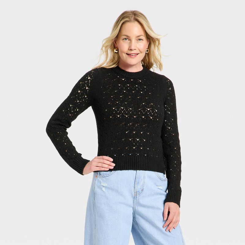 slide 1 of 3, Women's Long Sleeve Lace Crewneck Pullover Sweater - Universal Thread™ Black XL, 1 ct