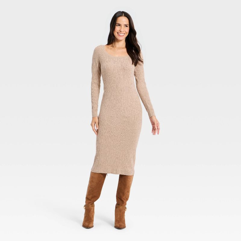 slide 3 of 3, Women's Long Sleeve Textured Transitional Midi Sweater Dress - Universal Thread™ Brown S, 1 ct