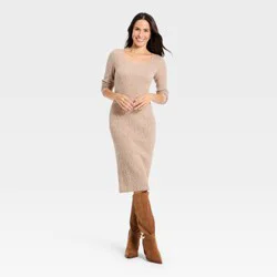 Women's Long Sleeve Textured Transitional Midi Sweater Dress - Universal Thread™ Brown M