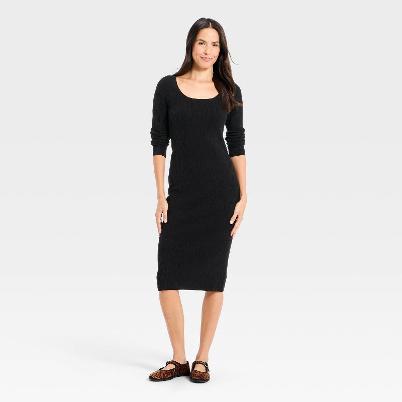 slide 1 of 3, Women's Long Sleeve Textured Transitional Midi Sweater Dress - Universal Thread™ Black M, 1 ct
