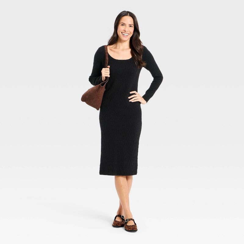 slide 3 of 3, Women's Long Sleeve Textured Transitional Midi Sweater Dress - Universal Thread™ Black L, 1 ct