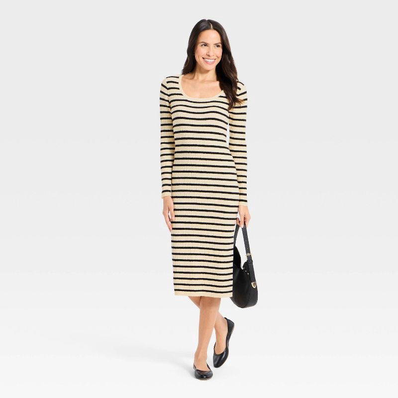 slide 3 of 3, Women's Long Sleeve Textured Transitional Midi Sweater Dress - Universal Thread™ Cream Striped S, 1 ct