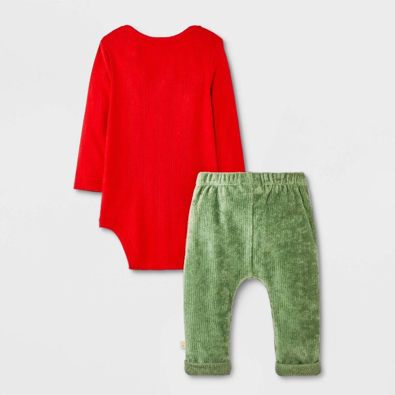 slide 2 of 4, Baby 2pc Peanuts Little Snoopy Christmas Bodysuit and Pants Set - Red/Green 3-6M, 2 ct