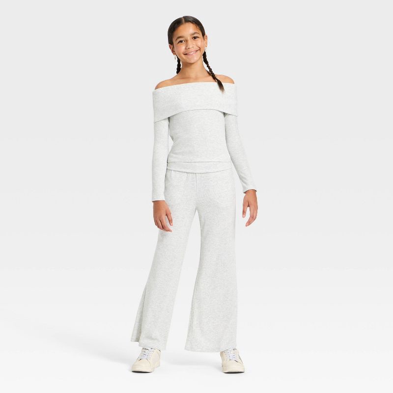 slide 3 of 3, Girls' Off the Shoulder Long Sleeve Knit Top - art class™ Heather Gray L, 1 ct