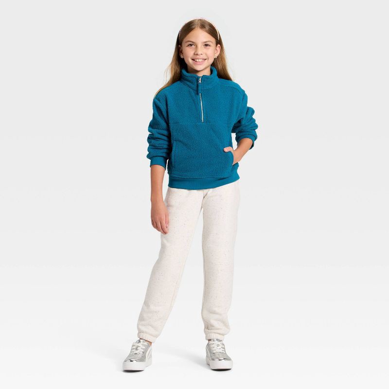 slide 3 of 3, Girls' Reverse Fleece Quarter Zip Pullover Sweatshirt - Cat & Jack™ Blue M, 1 ct