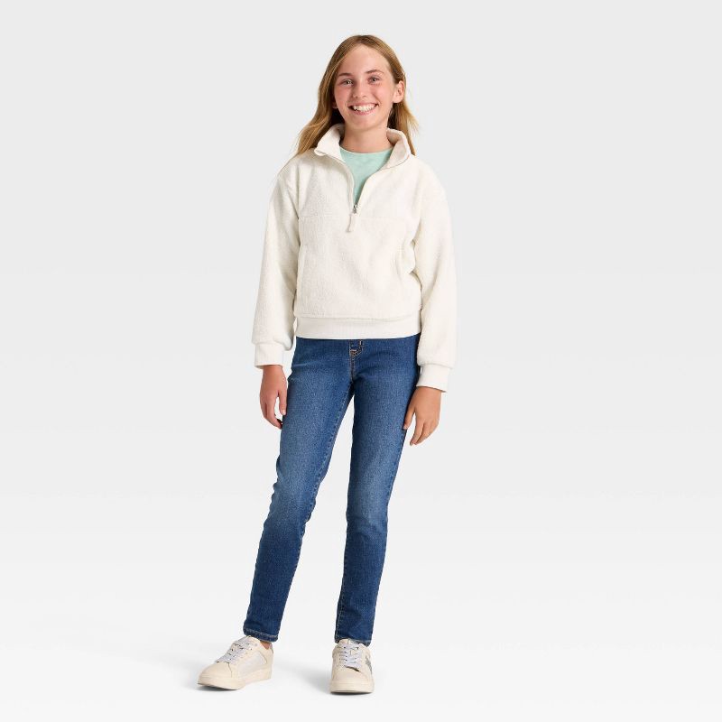 slide 3 of 3, Girls' Reverse Fleece Quarter Zip Pullover Sweatshirt - Cat & Jack™ Cream S, 1 ct