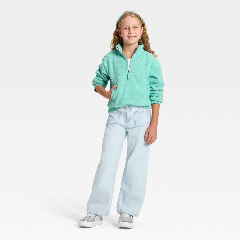 slide 3 of 3, Girls' Reverse Fleece Quarter Zip Pullover Sweatshirt - Cat & Jack™ Aqua Blue M, 1 ct