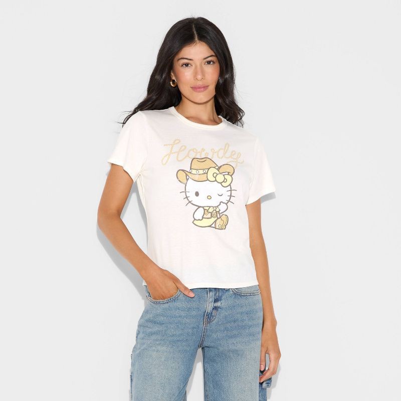 slide 3 of 3, Women's Hello Kitty Howdy Short Sleeve Graphic Shrunken T-Shirt - White L, 1 ct