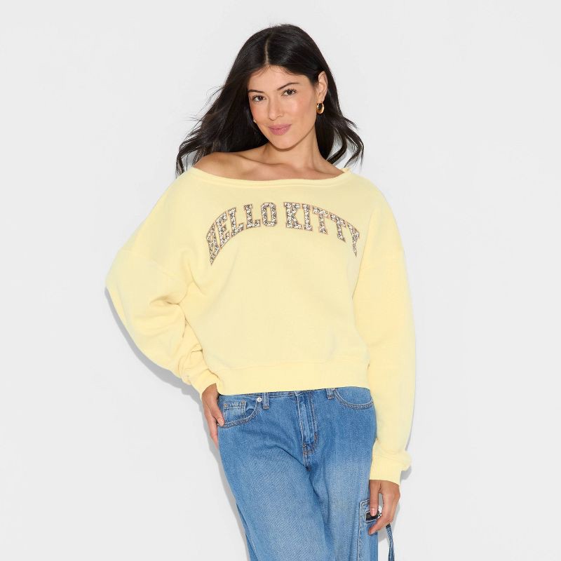 slide 2 of 3, Women's Hello Kitty Cow Graphic Off the Shoulder Sweatshirt - Light Yellow M, 1 ct