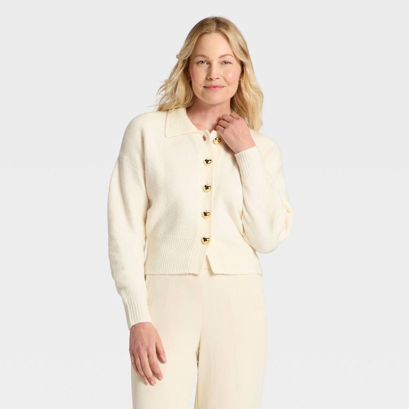 slide 1 of 3, Women's Long Sleeve Heart Button Cardigan Sweater - A New Day™ Cream S, 1 ct