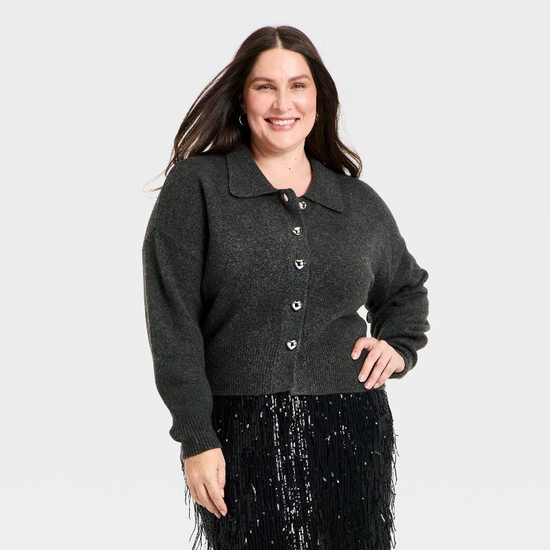 slide 1 of 3, Women's Long Sleeve Heart Button Cardigan Sweater - A New Day™ Charcoal Gray XXL, 1 ct