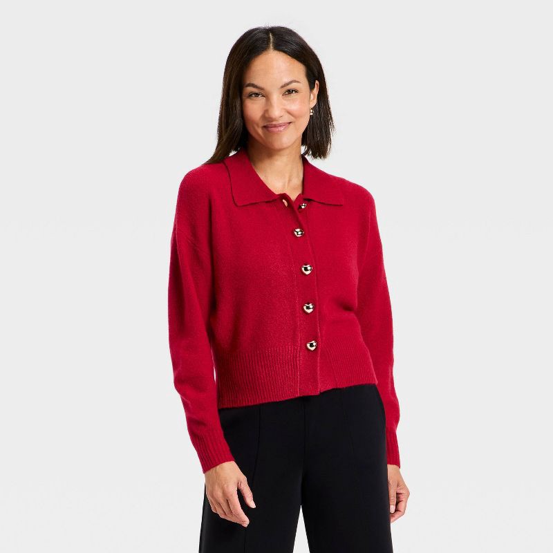 slide 1 of 3, Women's Long Sleeve Heart Button Cardigan Sweater - A New Day™ Dark Red L, 1 ct