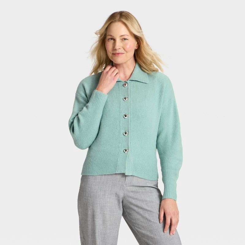 slide 1 of 3, Women's Long Sleeve Heart Button Cardigan Sweater - A New Day™ Dusty Teal XS, 1 ct