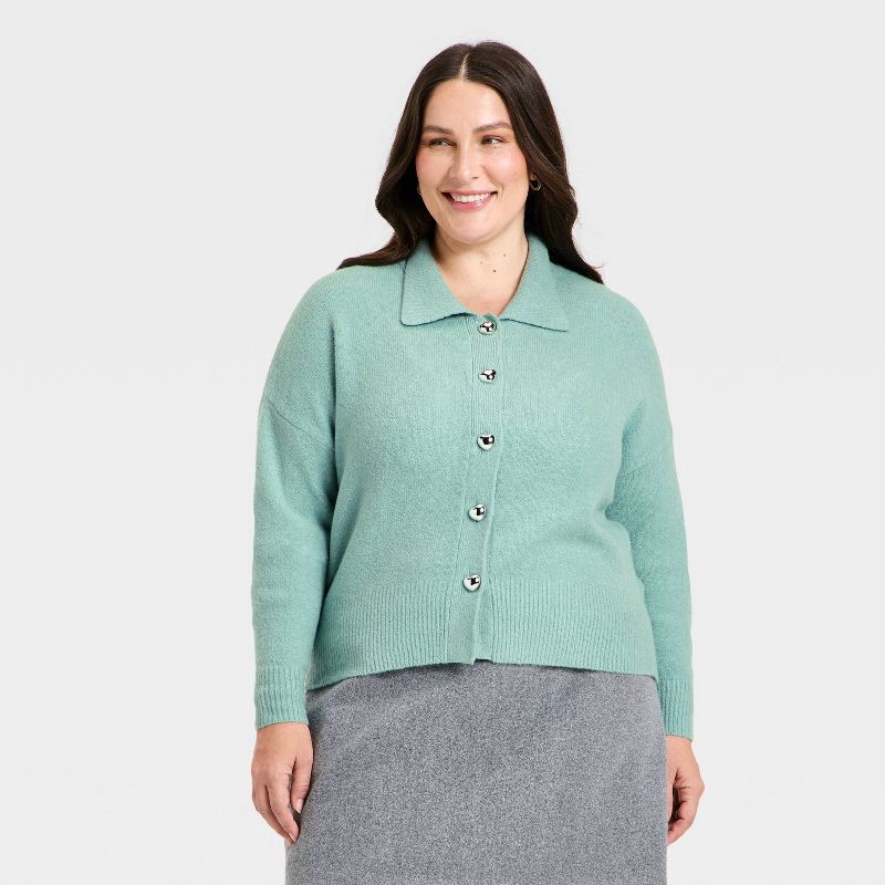 slide 1 of 3, Women's Long Sleeve Heart Button Cardigan Sweater - A New Day™ Dusty Teal XXL, 1 ct