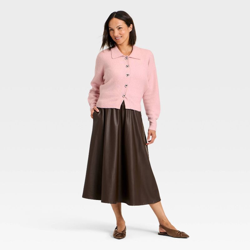 slide 3 of 3, Women's Long Sleeve Heart Button Cardigan Sweater - A New Day™ Light Pink XS, 1 ct