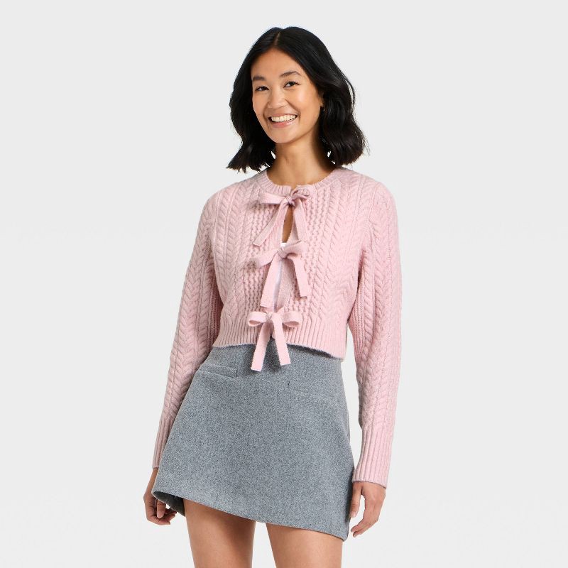 slide 1 of 3, Women's Long Sleeve Bow Cardigan Sweater - A New Day™ Pink S, 1 ct