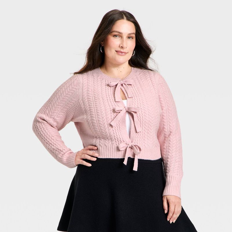 slide 1 of 3, Women's Long Sleeve Bow Cardigan Sweater - A New Day™ Pink XXL, 1 ct