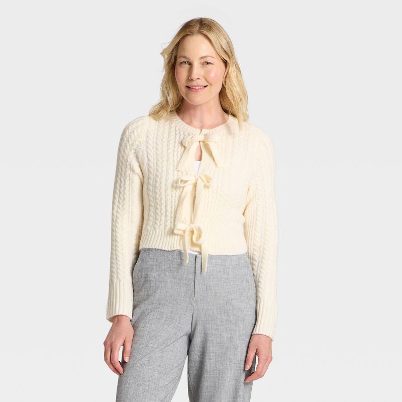 slide 1 of 3, Women's Long Sleeve Bow Cardigan Sweater - A New Day™ Cream XS, 1 ct