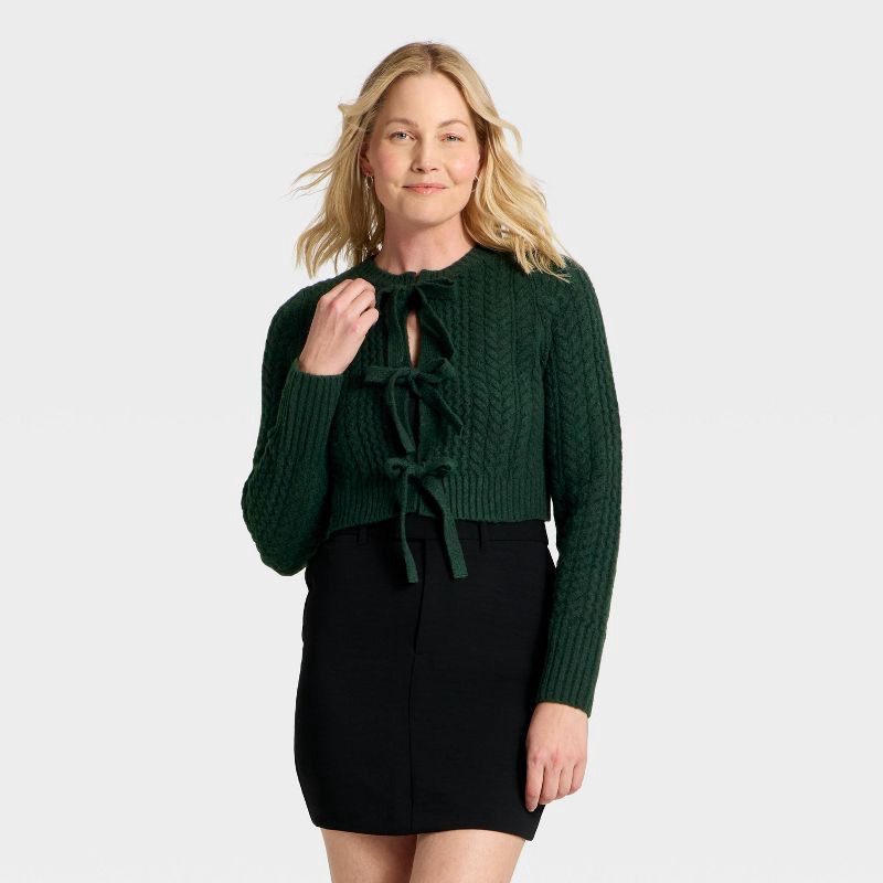 slide 1 of 3, Women's Long Sleeve Bow Cardigan Sweater - A New Day™ Dark Green M, 1 ct