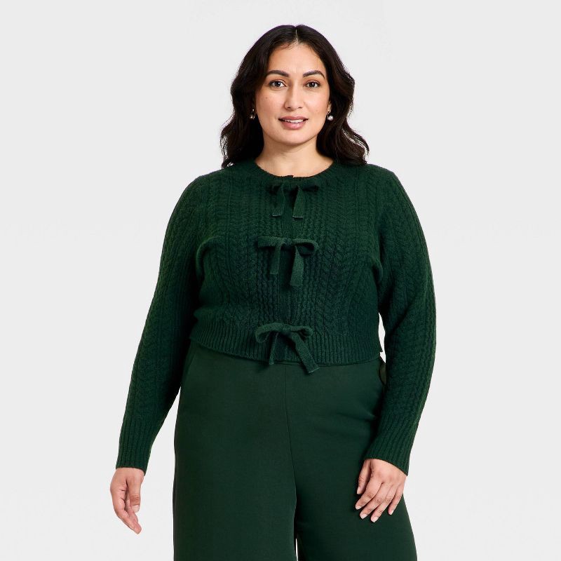 slide 1 of 3, Women's Long Sleeve Bow Cardigan Sweater - A New Day™ Dark Green XXL, 1 ct