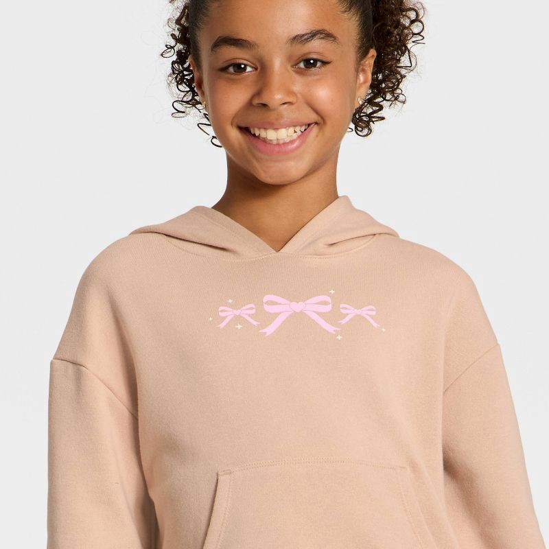 slide 2 of 4, Girls' Bows Fleece Hooded Pullover Sweatshirt - Cat & Jack™ Brown L, 1 ct