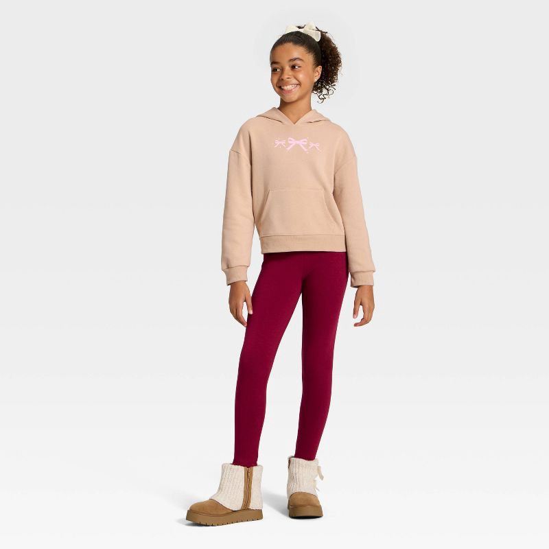 slide 4 of 4, Girls' Bows Fleece Hooded Pullover Sweatshirt - Cat & Jack™ Brown L, 1 ct