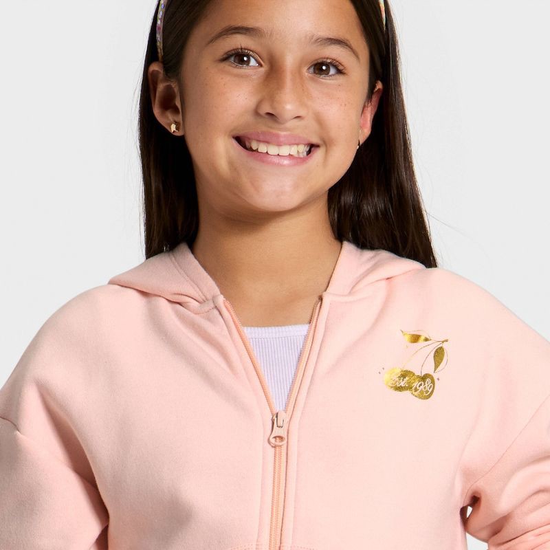 slide 2 of 4, Girls' Fleece Cherries Hooded Zip-Up Sweatshirt - Cat & Jack™ Light Peach XS, 1 ct