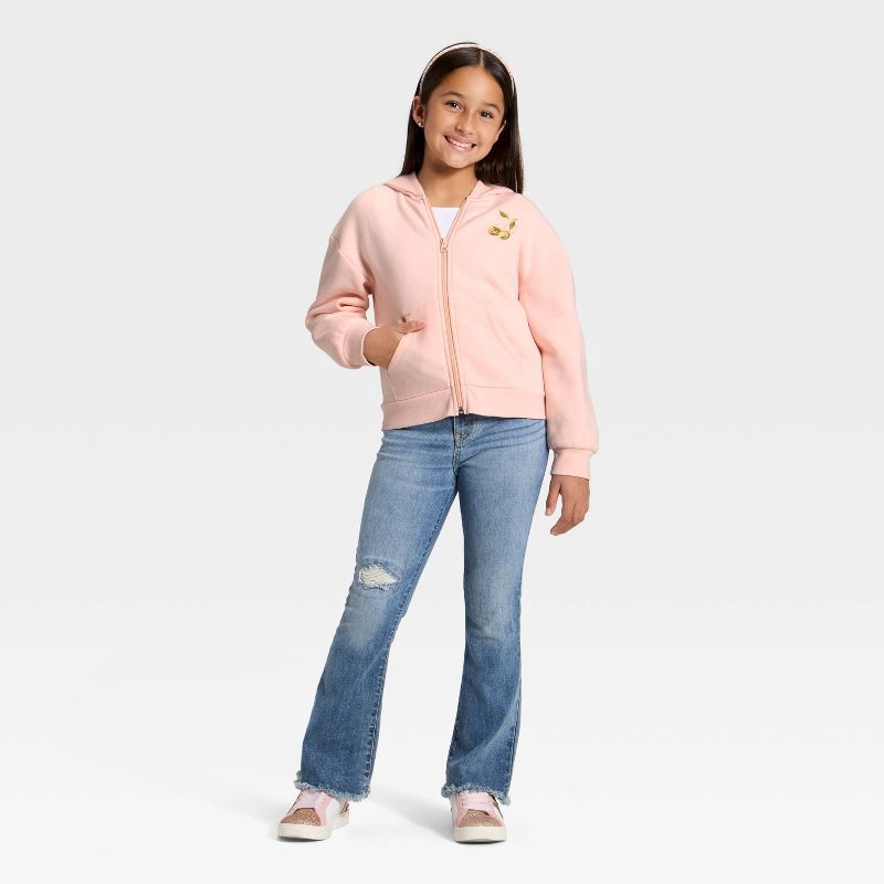 slide 4 of 4, Girls' Fleece Cherries Hooded Zip-Up Sweatshirt - Cat & Jack™ Light Peach XS, 1 ct