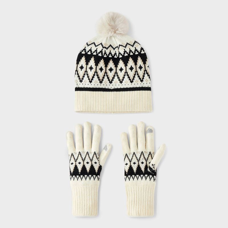 slide 1 of 5, Fair Isle Pattern Beanie & Gloves 2pc Set - Universal Thread™ White, 2 ct