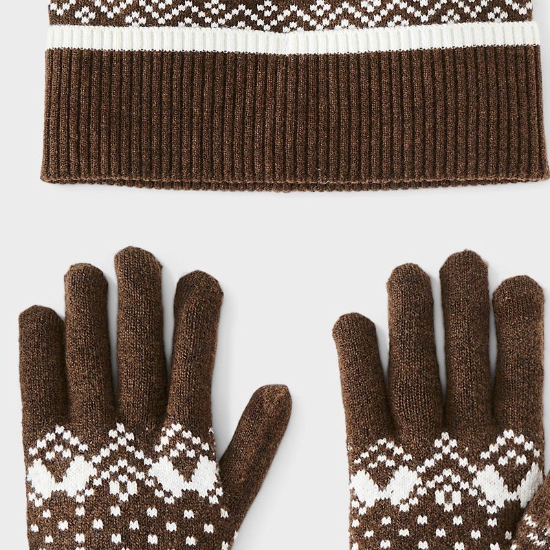 slide 5 of 5, Fair Isle Pattern Beanie & Gloves 2pc Set - Universal Thread™ Brown, 2 ct