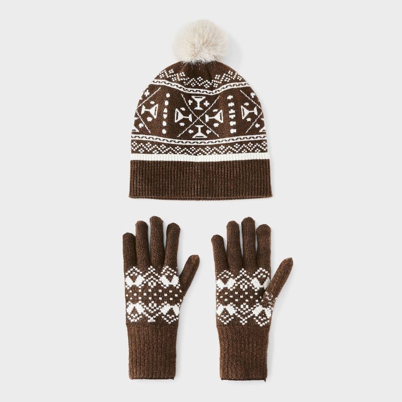 slide 1 of 5, Fair Isle Pattern Beanie & Gloves 2pc Set - Universal Thread™ Brown, 2 ct