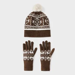 Fair Isle Pattern Beanie & Gloves 2pc Set - Universal Thread™ Brown