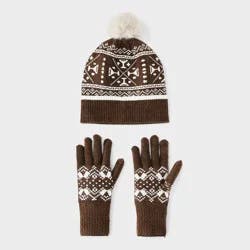 Fair Isle Pattern Beanie & Gloves 2pc Set - Universal Thread™ Brown